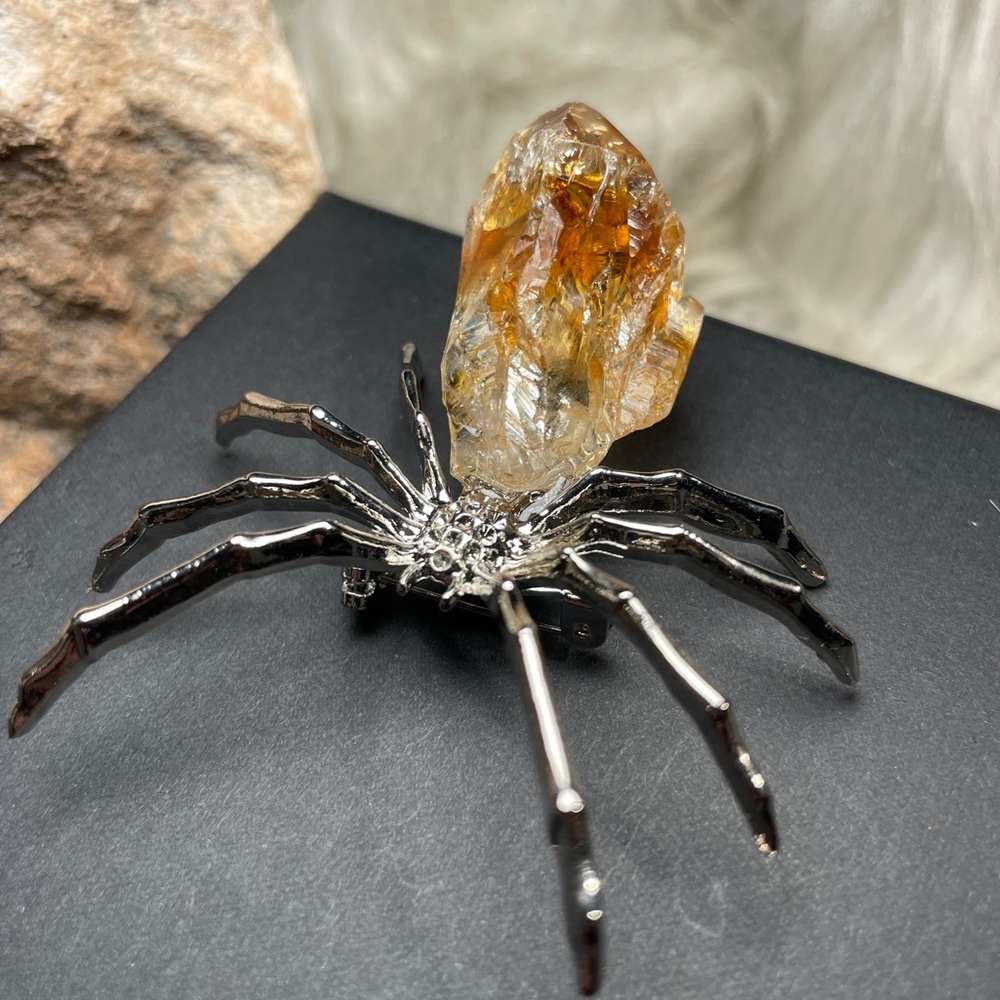Spider Broach with Amber Crystal Accent - Artisan Made